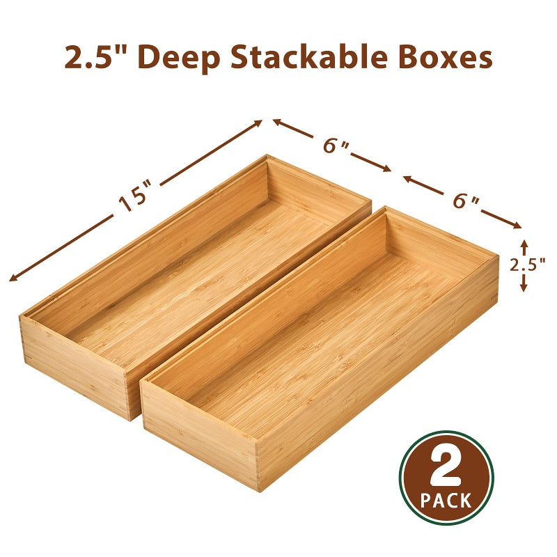 Umilife Bamboo Kitchen Drawer Organizer Boxes with Anti-Skid Silicone Feet, 2pcs Stackable Storage Bins for Kitchen Utensils & Silverware & Desk Drawer & Makeup, Tools Holder, 15   L x 6   W x 2.5   D Each - Image 2
